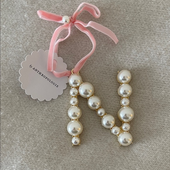 Anthropologie Pearl Monogram "N" Ornament with Pink Ribbon - Picture 1 of 8